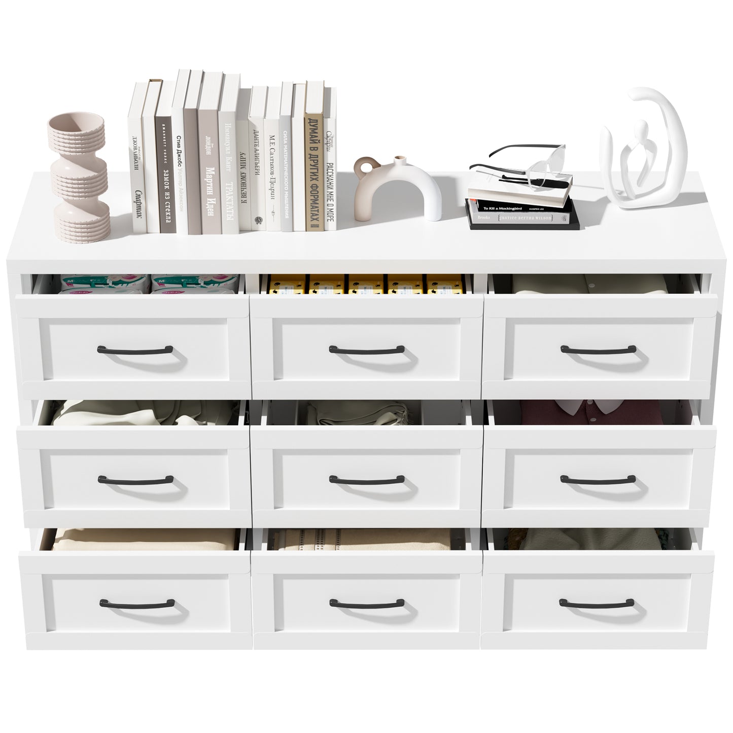 VIYET 9-Drawer Wide Dresser, White Bedroom Storage Chest with Smooth-Glide Drawers for Closet, Hallway & Entryway
