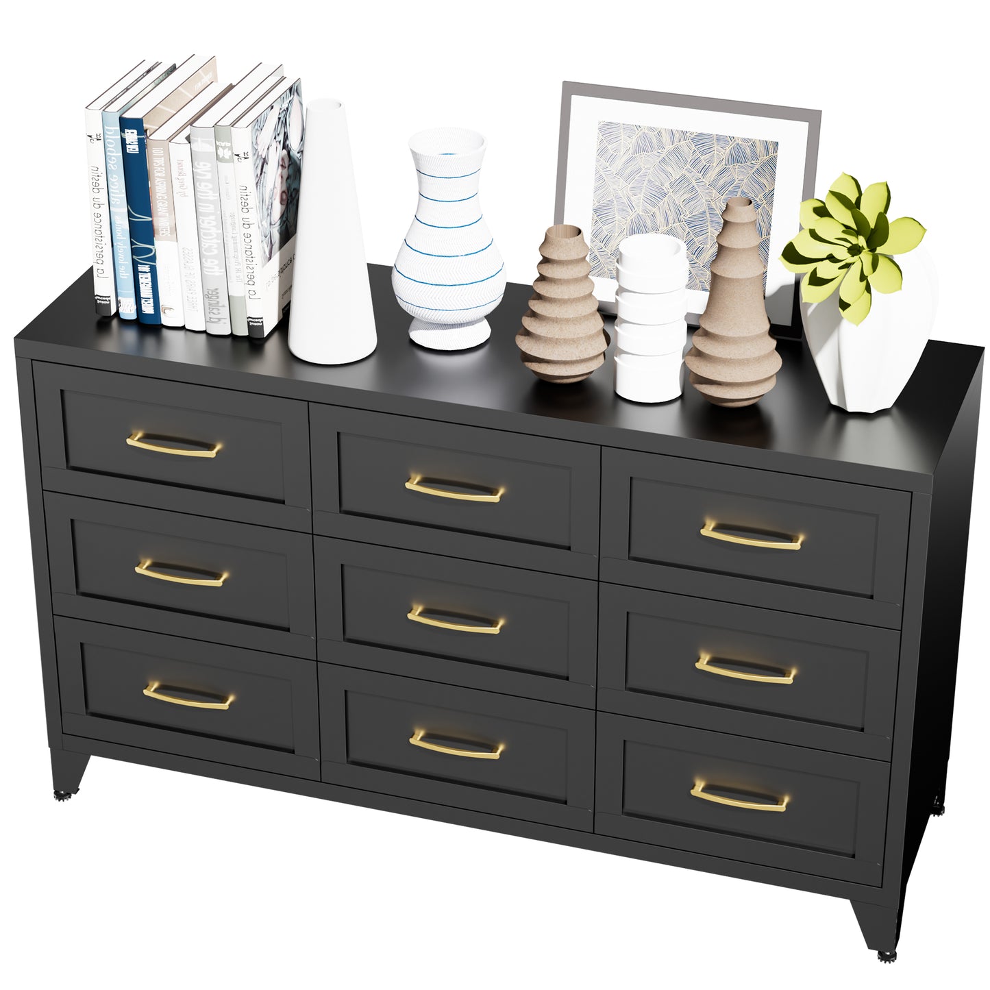 VIYET 9-Drawer Black Dresser for Bedroom, 52" Wide Low-Profile Chest of Drawers with Smooth-Glide Storage