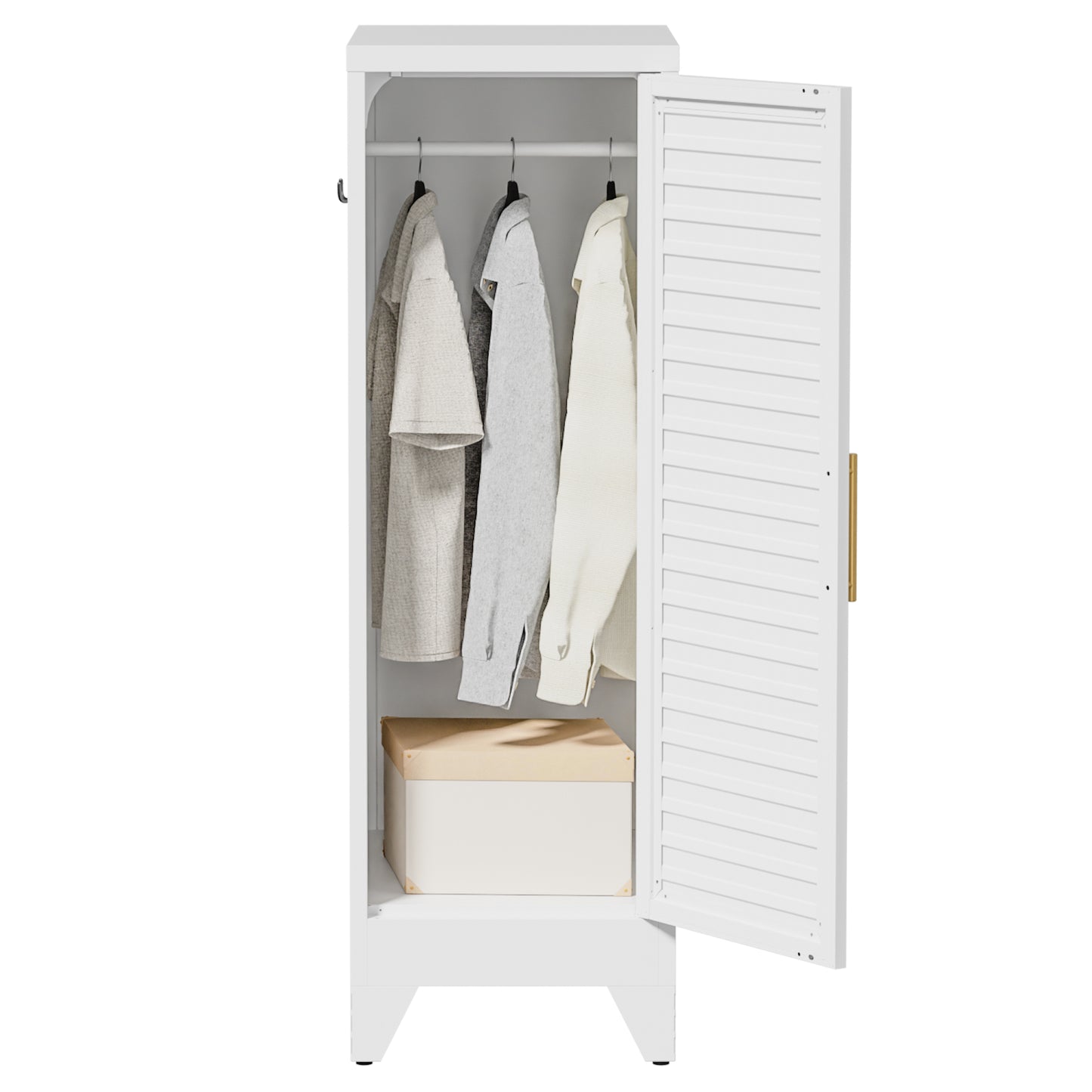 VIYET 47.2" Narrow Metal Wardrobe Closet, Slim Storage Cabinet with Louvered Door and Hanging Rail, Freestanding Clothes Organizer for Bedroom, Apartment, Dorm, White