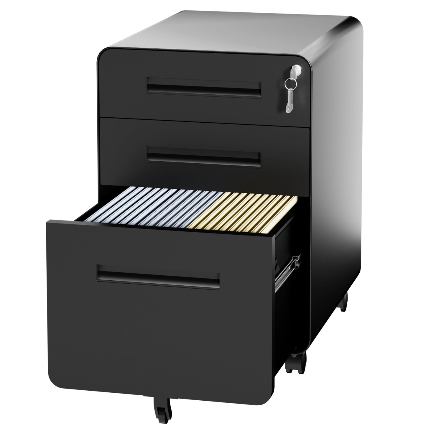 VIYET 3 Drawer Filing Cabinet with Lock, Black Rolling Metal Office Cabinet, Secure Document Storage Organizer for Letter & Legal Files