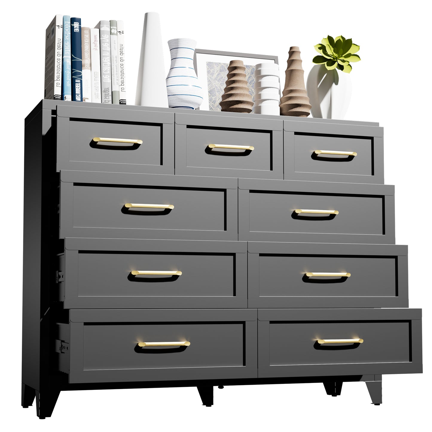 VIYET 9-Drawer Black Dresser for Bedroom, Tall Wide Chest of Drawers with Smooth-Glide Storage
