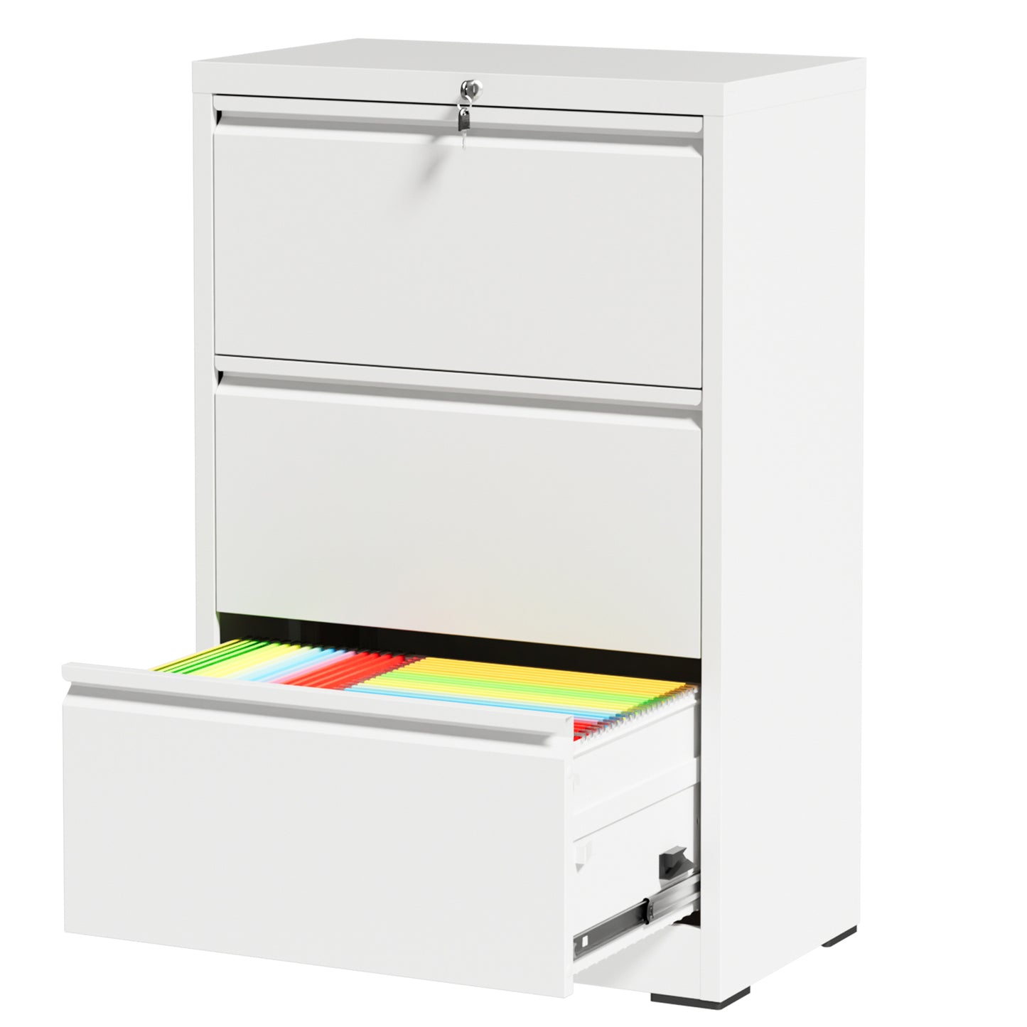 VIYET 3 Drawer Lateral File Cabinet with Lock, White Metal Filing Cabinet for Home Office, Fits Letter, Legal, A4 & F4 Hanging Files