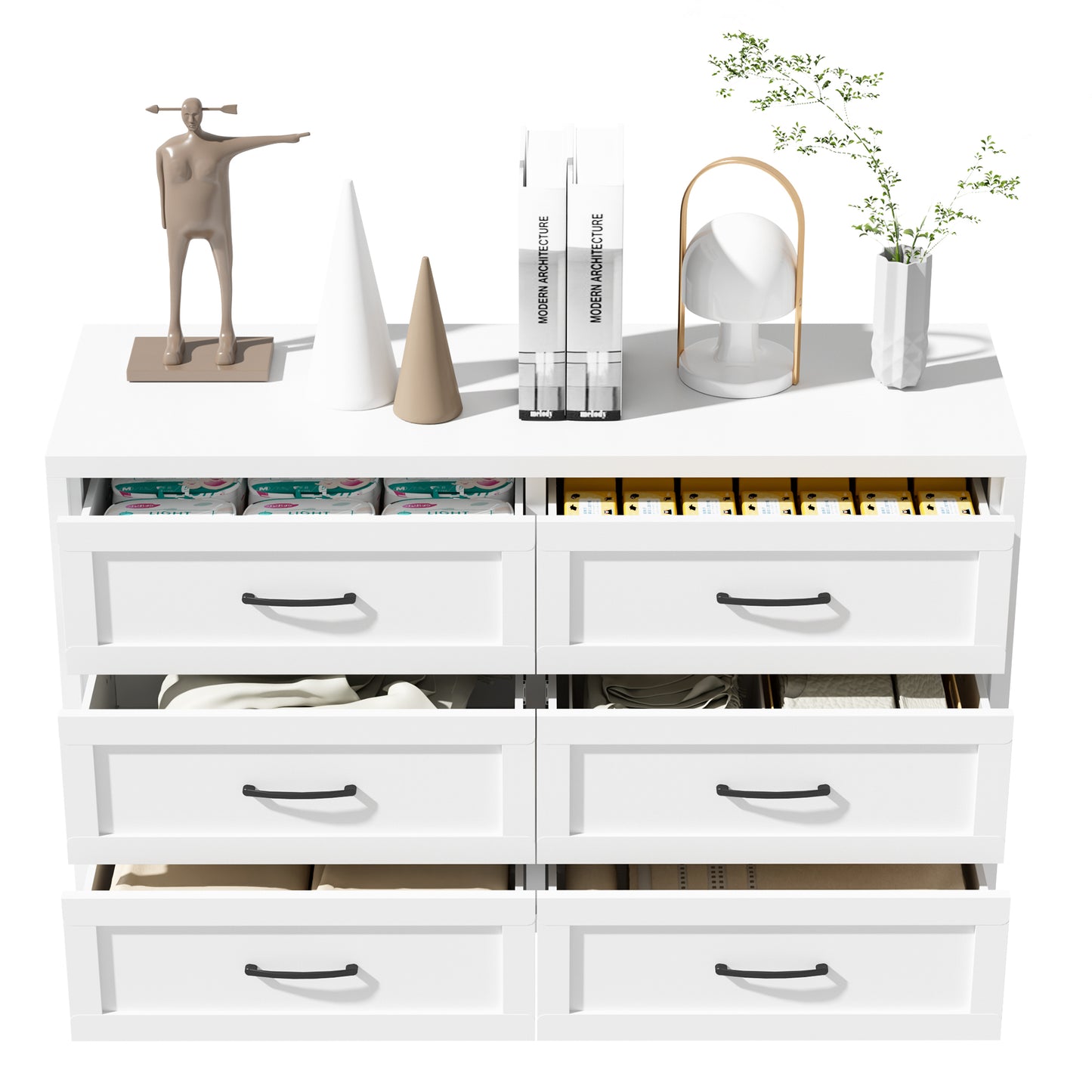 VIYET 6-Drawer White Dresser for Bedroom, Modern Metal Storage Chest with Smooth-Glide Drawers for Closet, Hallway & Entryway