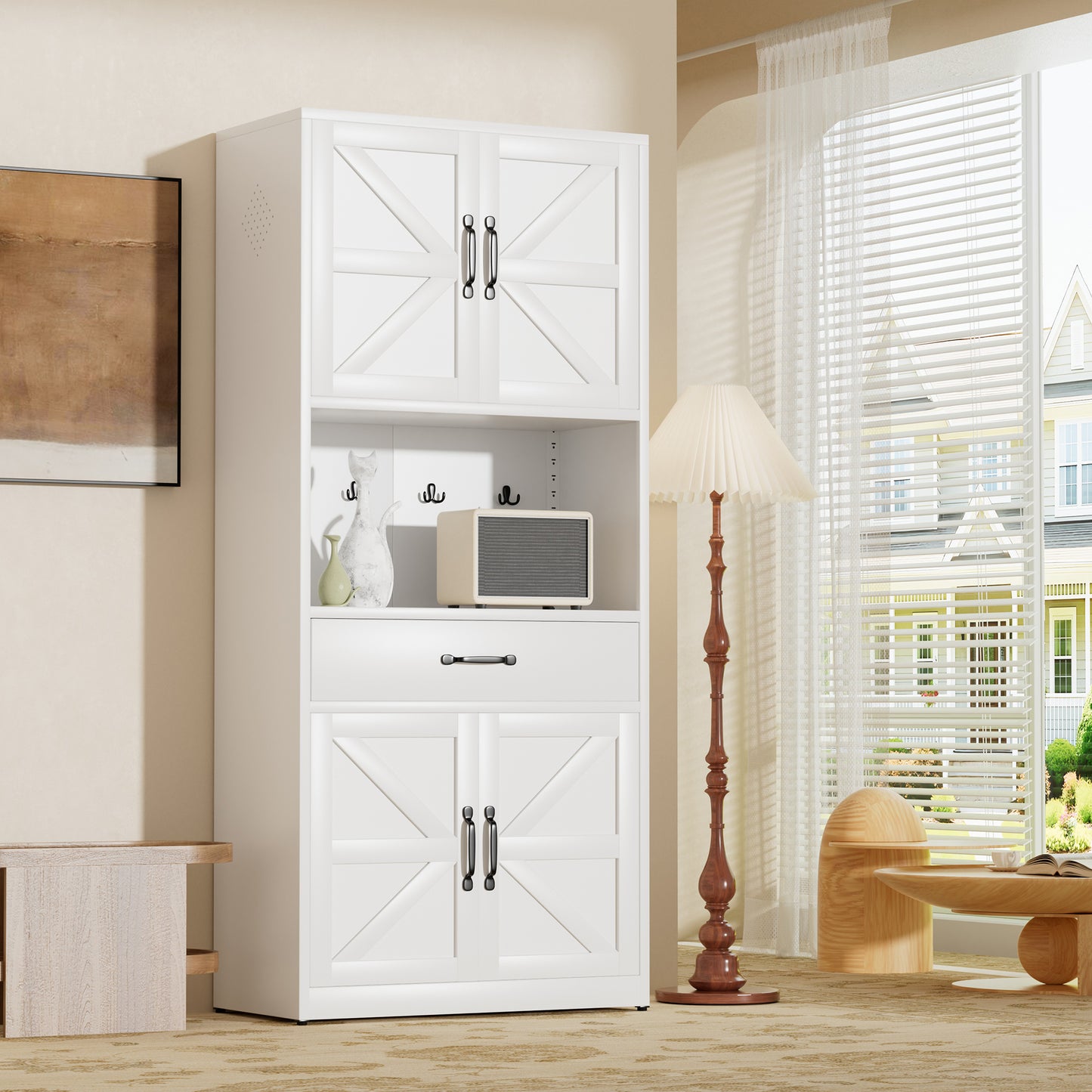 VIYET 71"H Heavy-Duty White Steel Pantry Cabinet,Large Countertop+Adjustable Shelves+Drawers+Hooks,Modern Storage for Kitchen/Bathroom/Living Room