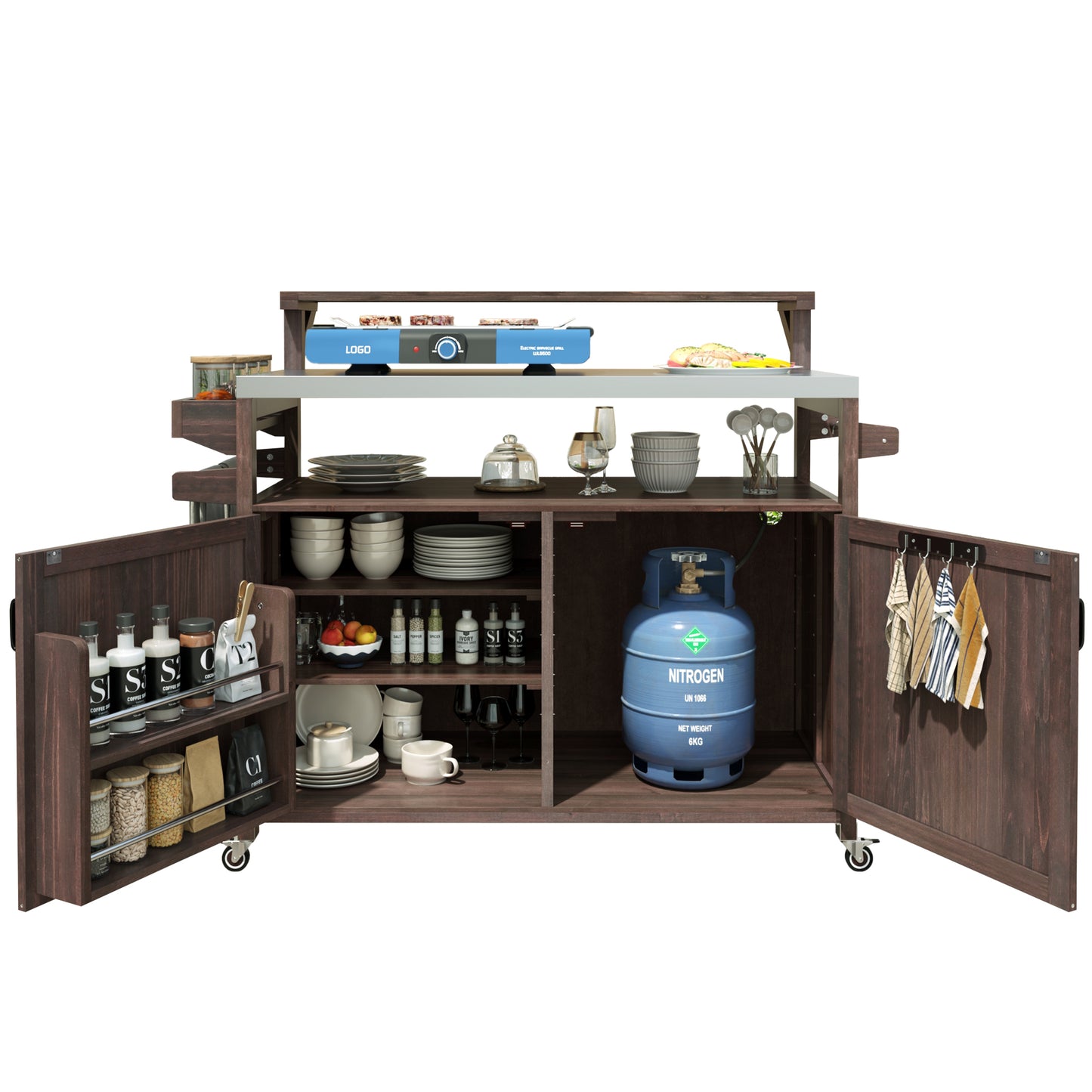 VIYET 43" K&K Outdoor Kitchen Island, Brown Solid Wood Grill Cart w/ Stainless Steel Top (Raised Shelf+Adjustable Storage Rack)