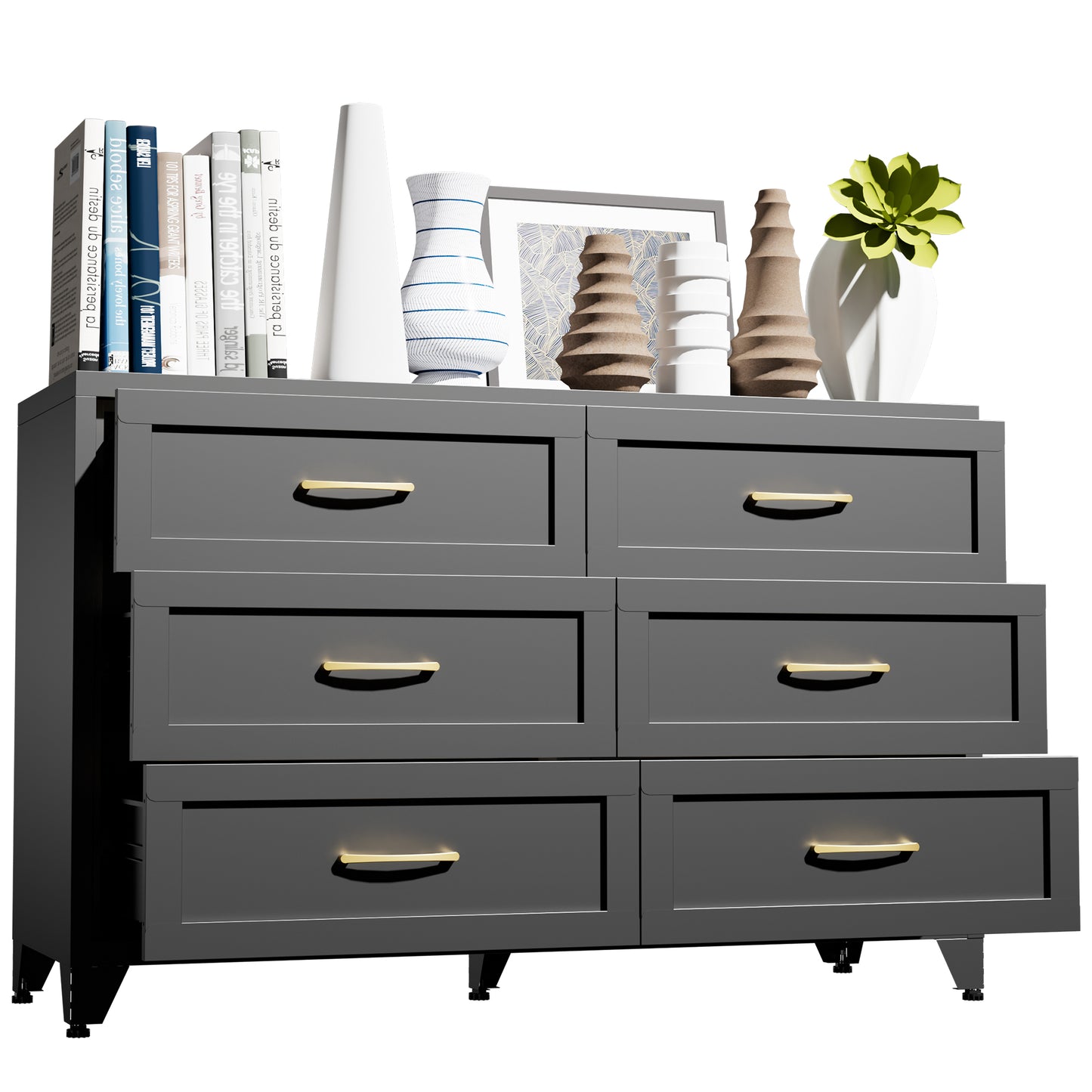 VIYET 6-Drawer Black Dresser for Bedroom, Low-Profile Chest of Drawers with Smooth-Glide Storage