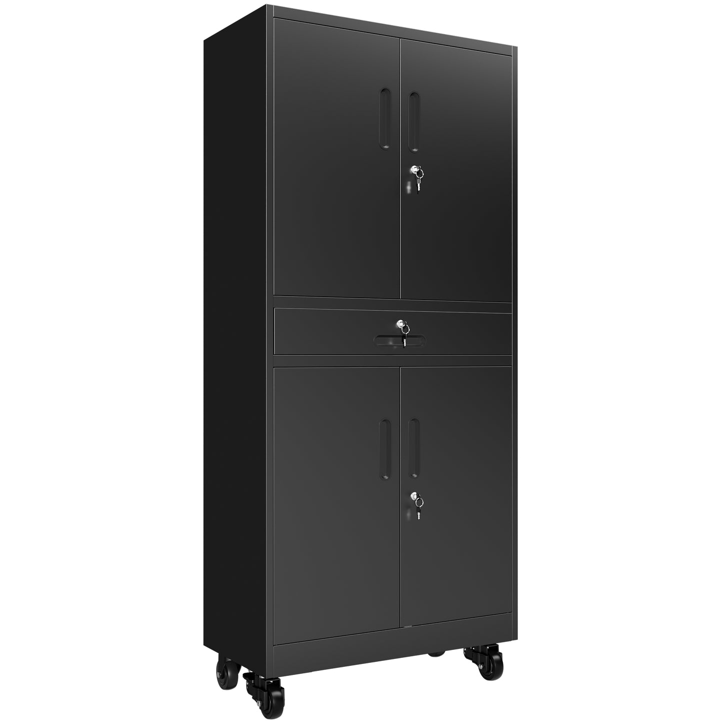 VIYET 71" Metal Garage Storage Cabinet with Drawer, Lockable Doors, Adjustable Shelves, Pegboard & Rolling Wheels for Home Office Utility