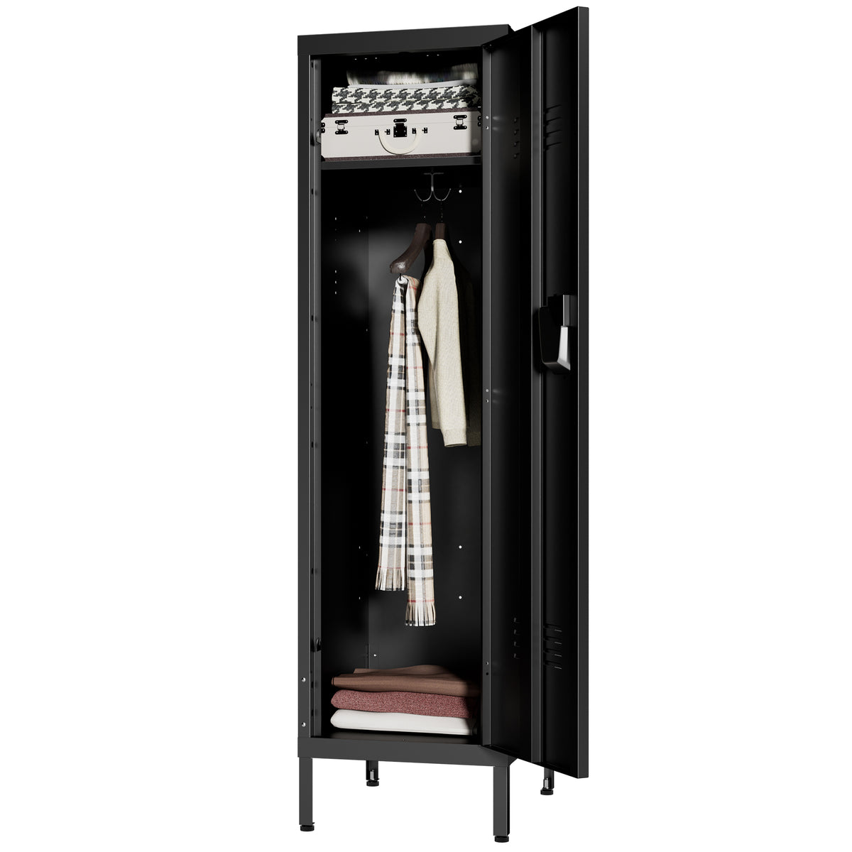 VIYET 55" Metal Wardrobe Cabinet, Narrow Steel Clothing Storage with Lock, Ventilated Door & Side Hooks, Bedroom Closet for Small Spaces, Black