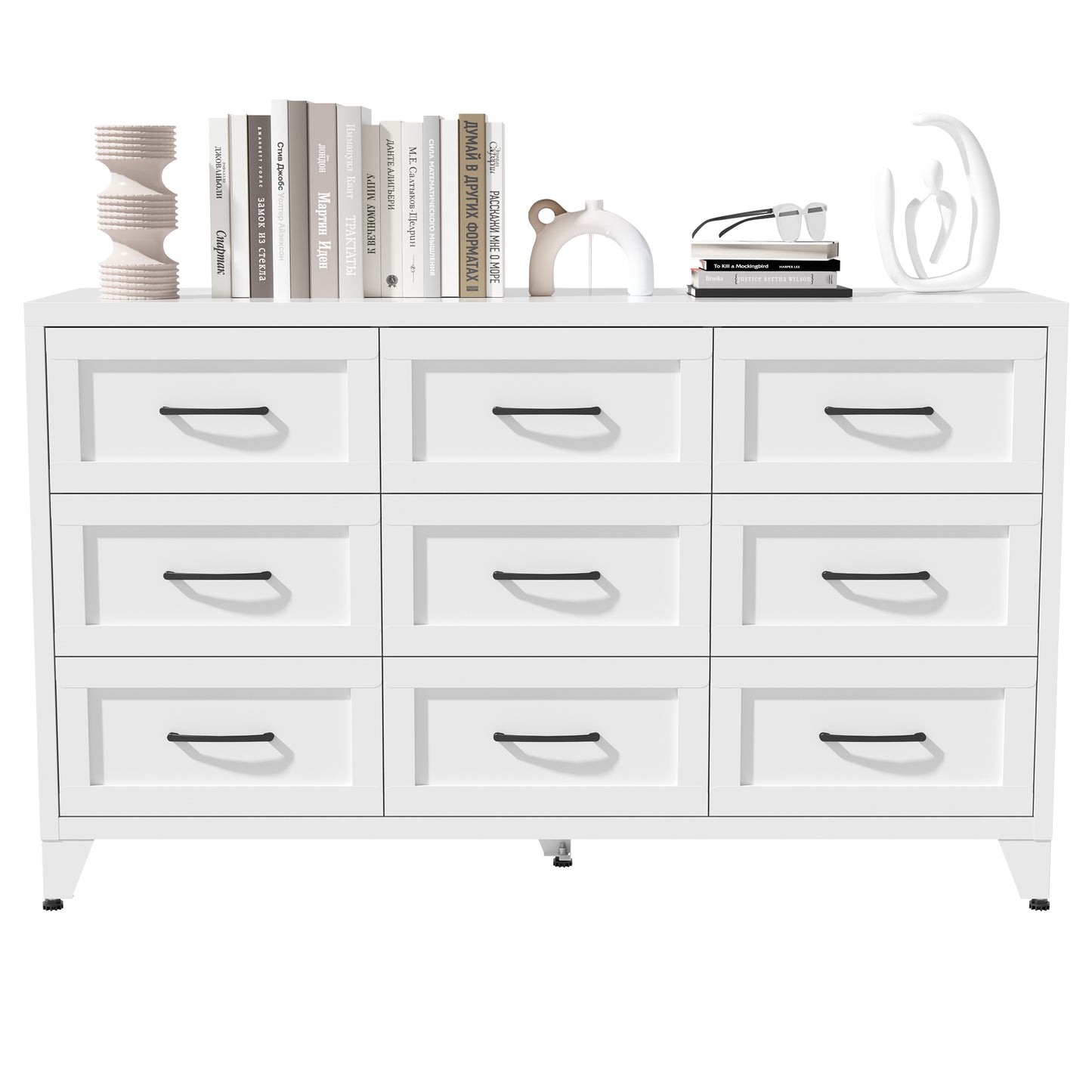 VIYET 9-Drawer Wide Dresser, White Bedroom Storage Chest with Smooth-Glide Drawers for Closet, Hallway & Entryway