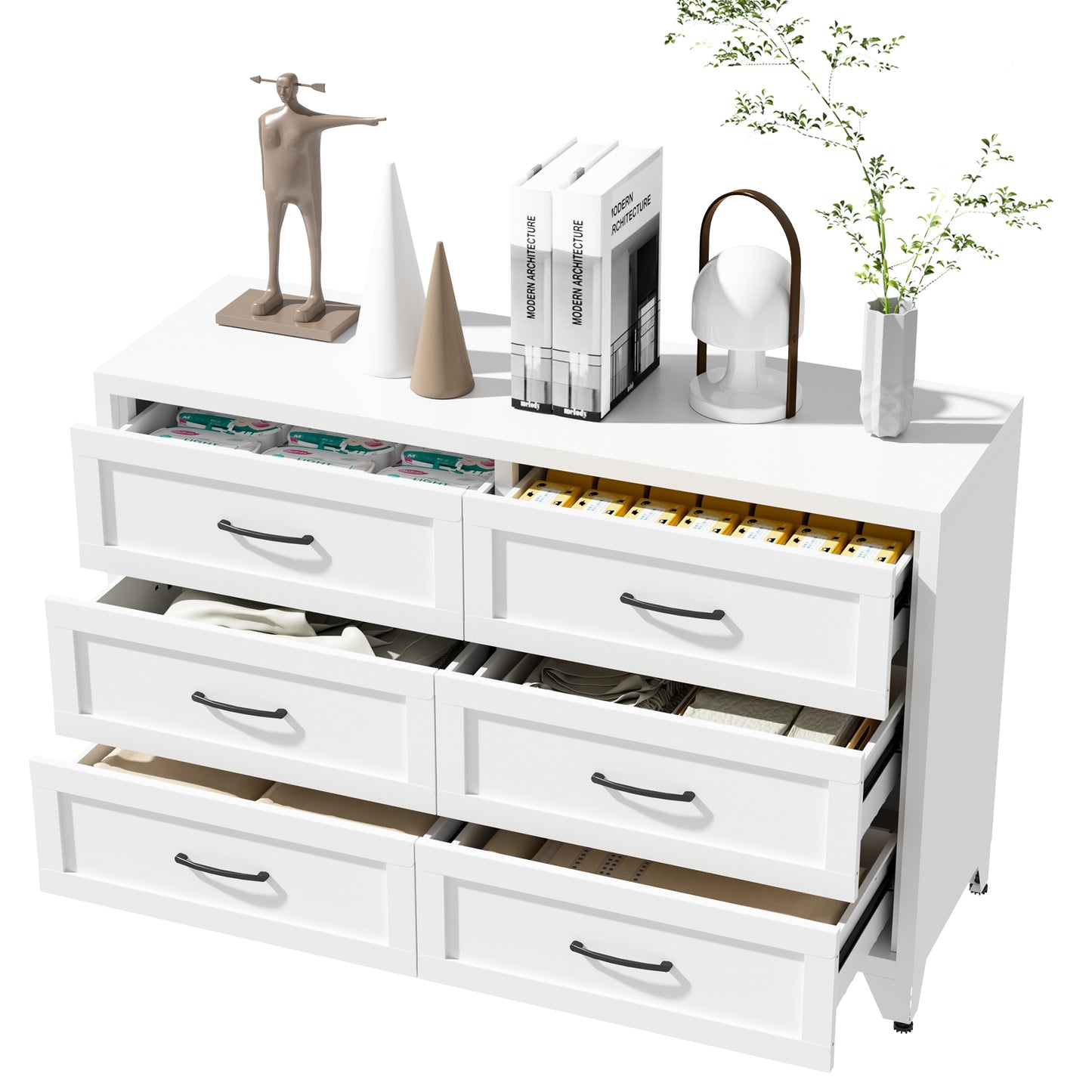 VIYET 6-Drawer White Dresser for Bedroom, Modern Metal Storage Chest with Smooth-Glide Drawers for Closet, Hallway & Entryway