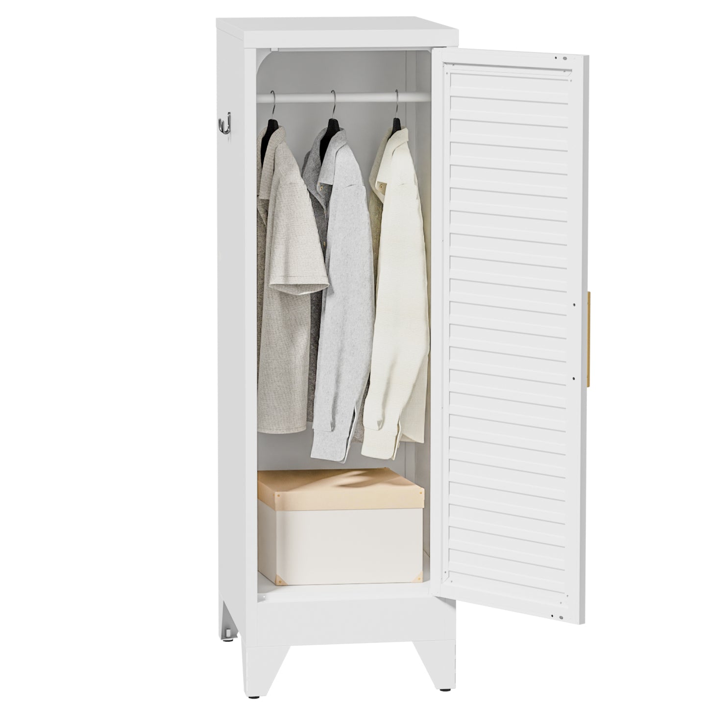 VIYET 47.2" Narrow Metal Wardrobe Closet, Slim Storage Cabinet with Louvered Door and Hanging Rail, Freestanding Clothes Organizer for Bedroom, Apartment, Dorm, White