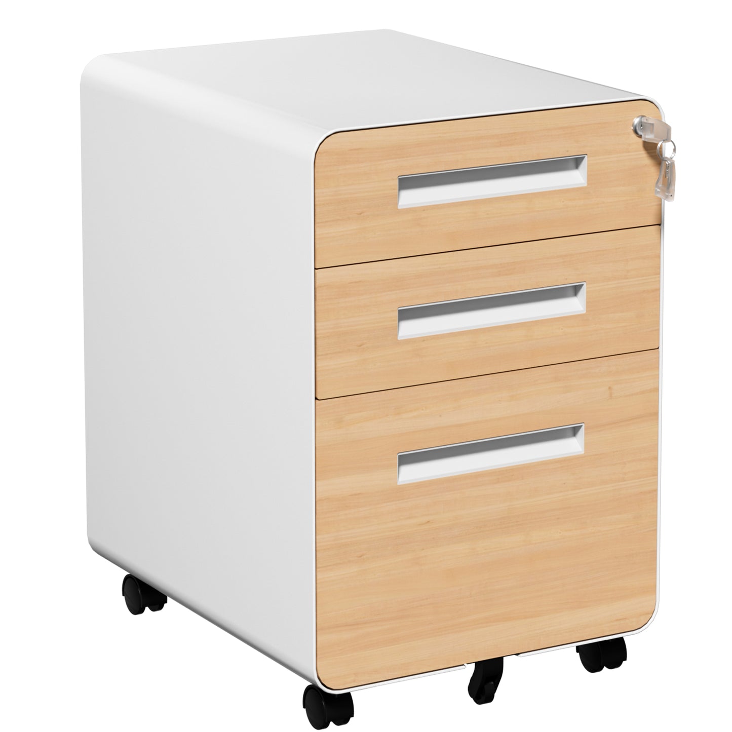 VIYET 3 Drawer Mobile File Cabinet with Lock, Wood Grain Metal Rolling Filing Cabinet on Wheels, Steel Office Storage Cabinet for Letter Legal Files