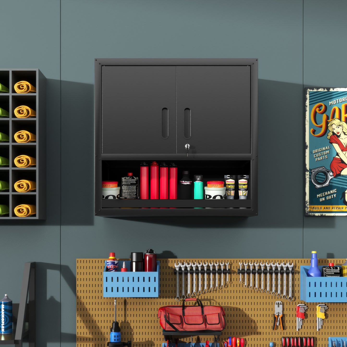 VIYET 30"H Wall-Mounted Steel Cabinet - Locking Doors + Open Drawer + Adjustable Shelf, Cold-Rolled Steel with Rust-Resistant Coating, Black for Garage/Office/Warehouse/Home/School