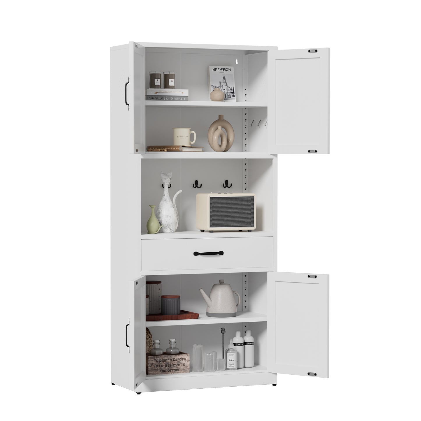VIYET 71"H Heavy-Duty White Steel Pantry Cabinet,Large Countertop+Adjustable Shelves+Drawers+Hooks,Modern Storage for Kitchen/Bathroom/Living Room