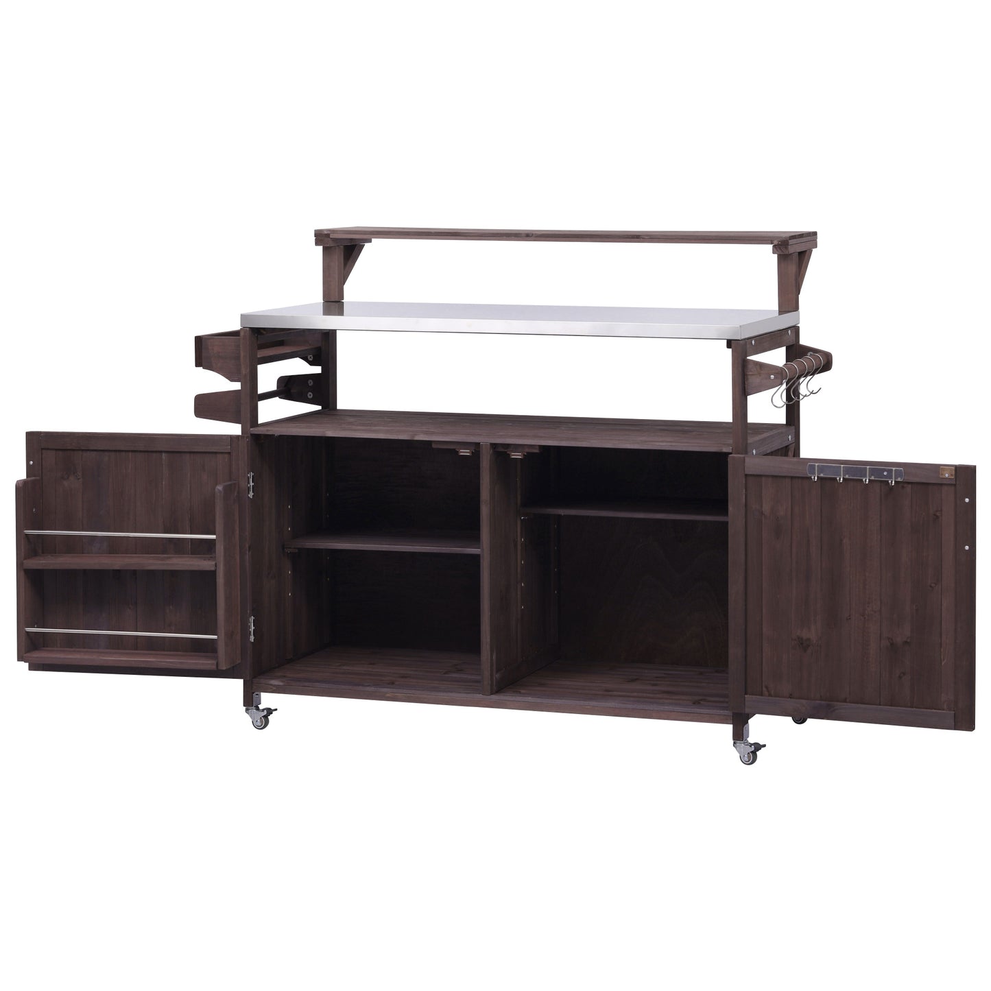 VIYET 43" K&K Outdoor Kitchen Island, Brown Solid Wood Grill Cart w/ Stainless Steel Top (Raised Shelf+Adjustable Storage Rack)