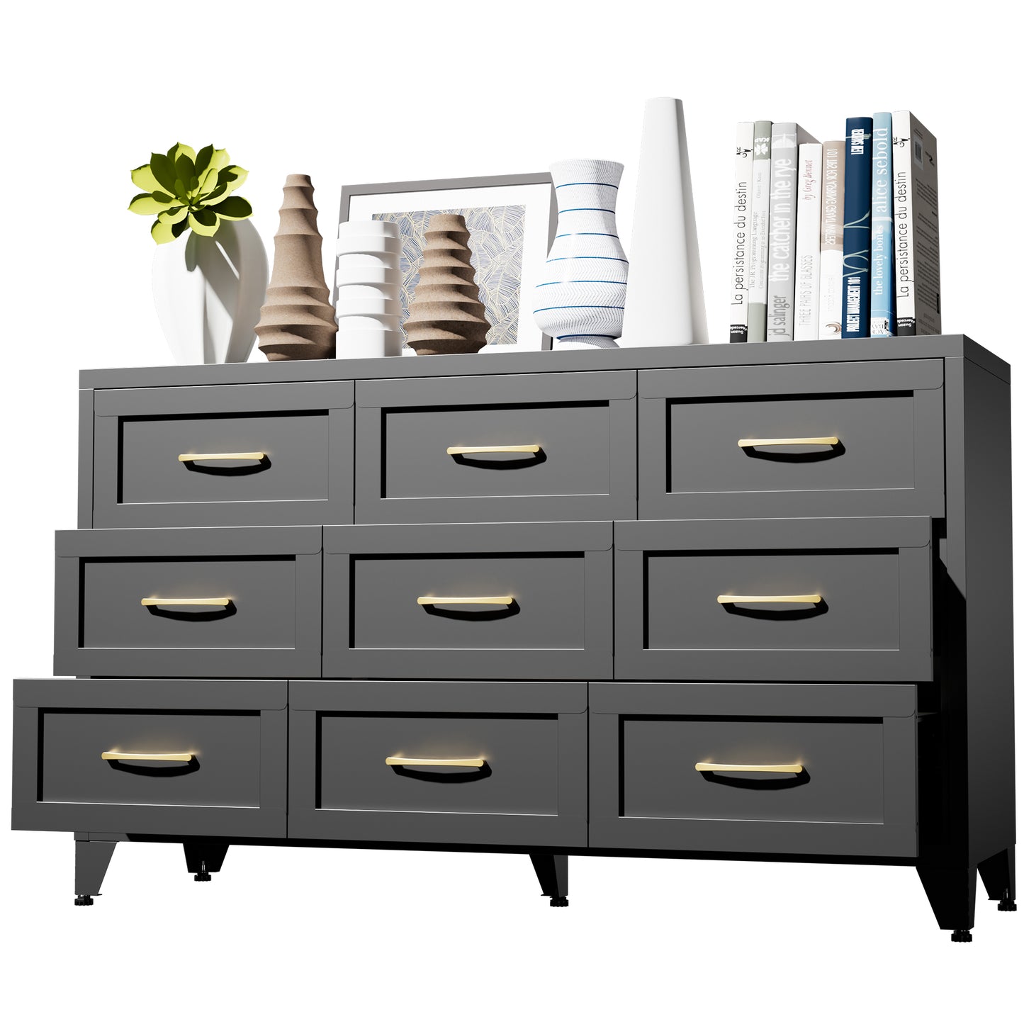 VIYET 9-Drawer Black Dresser for Bedroom, 52" Wide Low-Profile Chest of Drawers with Smooth-Glide Storage