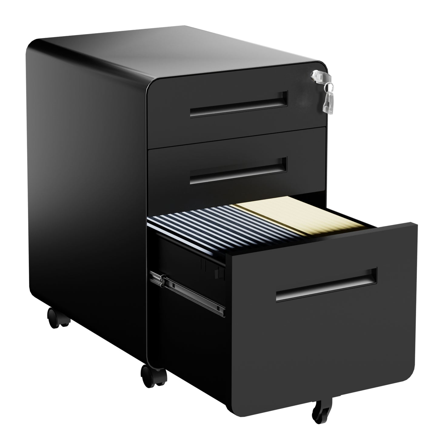 VIYET 3 Drawer Filing Cabinet with Lock, Black Rolling Metal Office Cabinet, Secure Document Storage Organizer for Letter & Legal Files