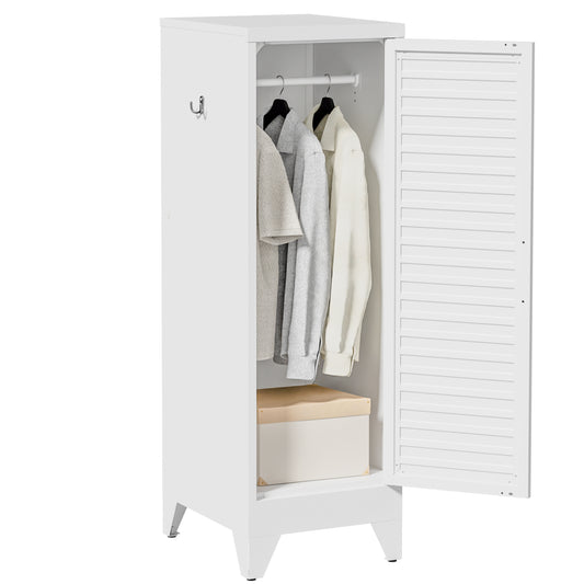 VIYET 47.2" Narrow Metal Wardrobe Closet, Slim Storage Cabinet with Louvered Door and Hanging Rail, Freestanding Clothes Organizer for Bedroom, Apartment, Dorm, White