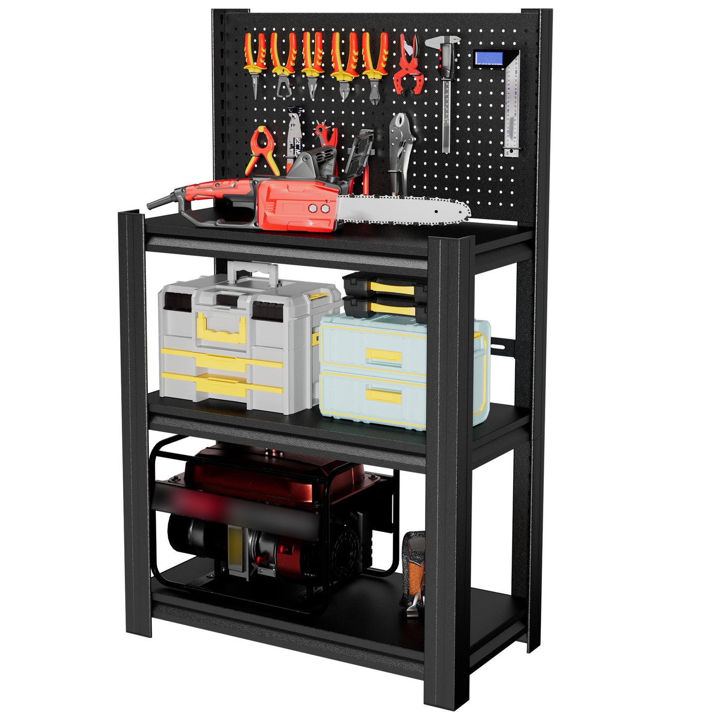 VIYET 3-Tier Metal Storage Shelf with Pegboard, 660 lbs Capacity, Adjustable Garage Shelving Rack for Tools, Workshop, Basement & Utility Room