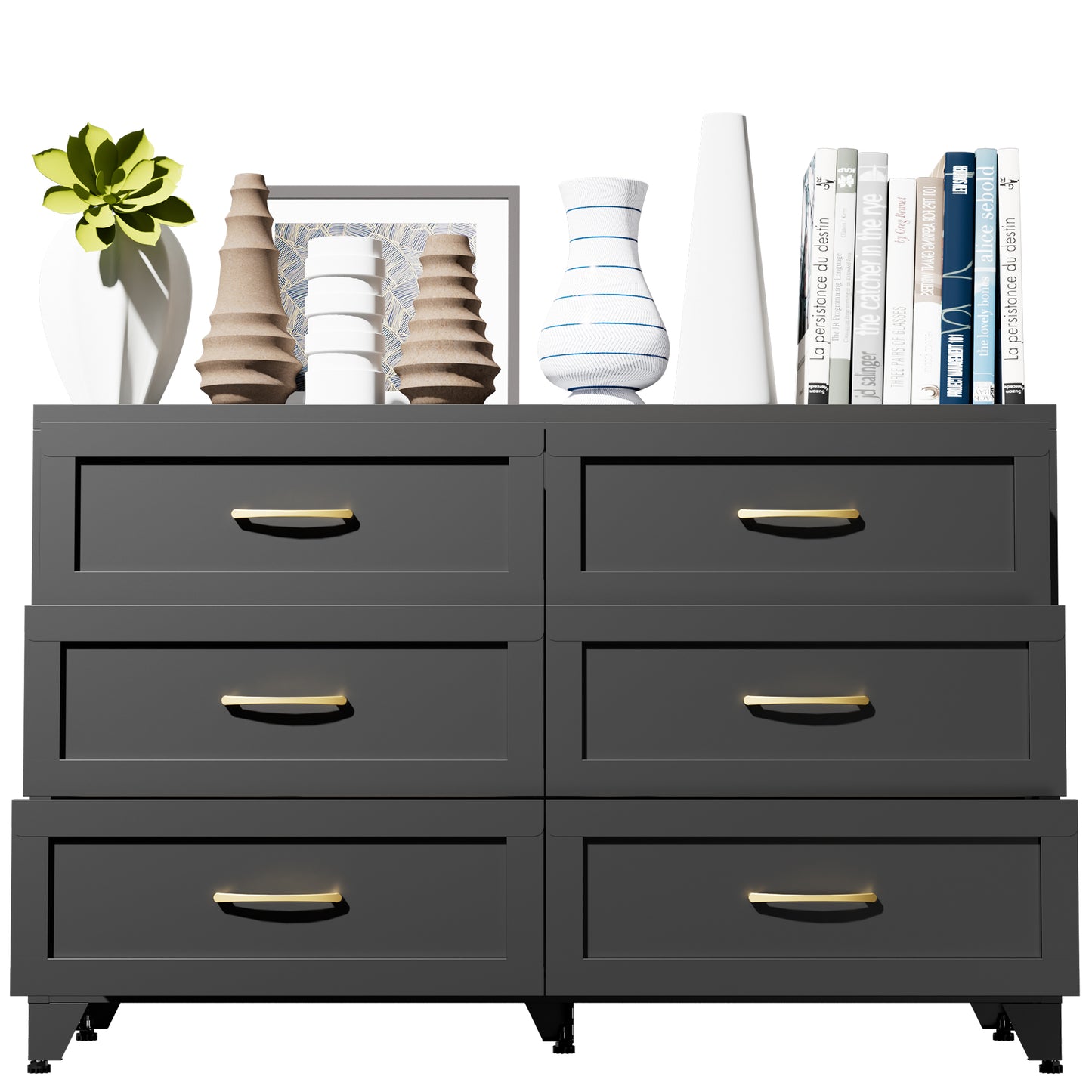 VIYET 6-Drawer Black Dresser for Bedroom, Low-Profile Chest of Drawers with Smooth-Glide Storage