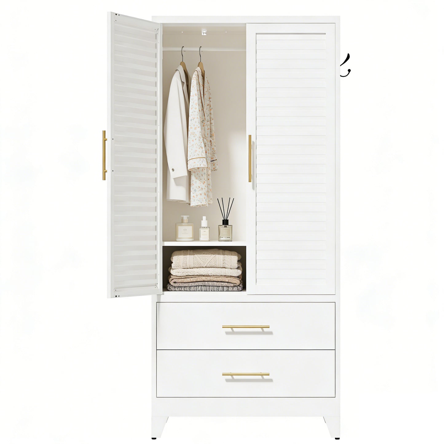 VIYET 71" Metal Wardrobe Closet with 2 Doors & 2 Drawers, Freestanding Steel Storage Cabinet with Hanging Rod & Adjustable Shelf