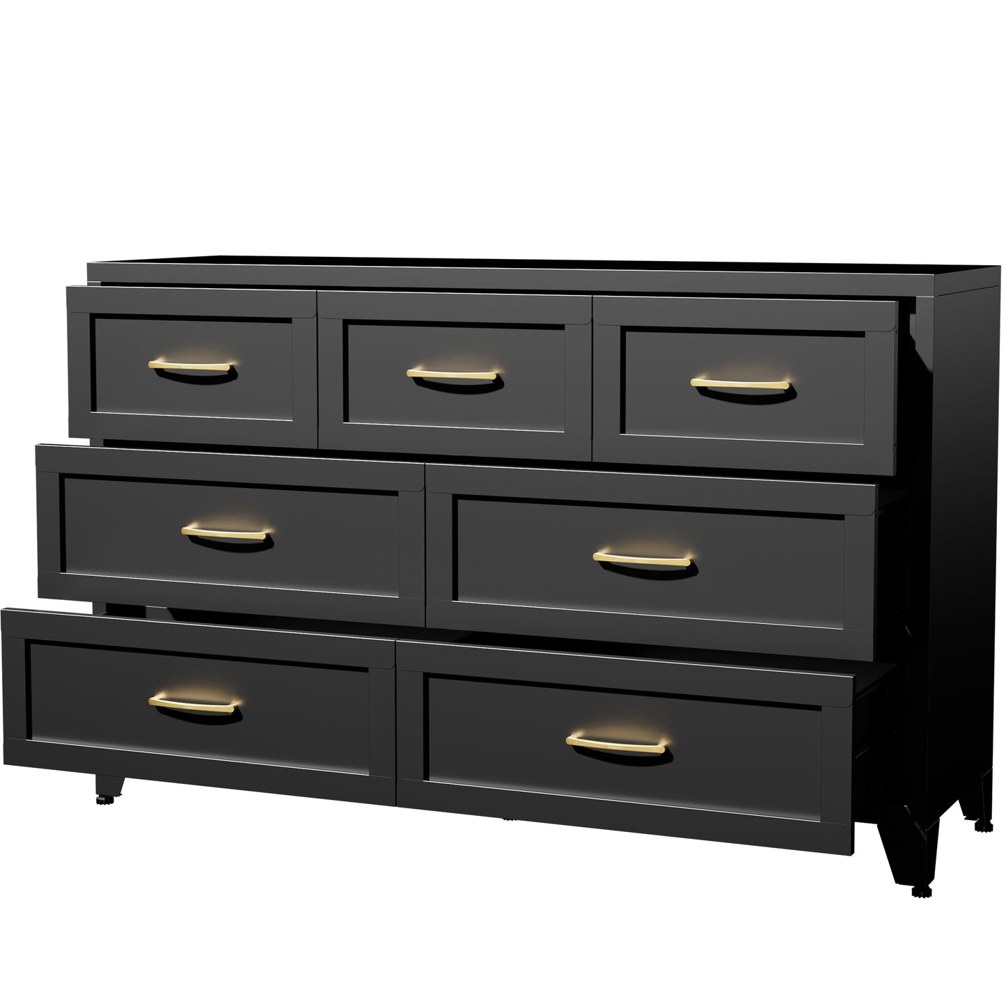 VIYET 7-Drawer Black Dresser, Wide Low-Profile Bedroom Storage Chest with Smooth-Glide Drawers