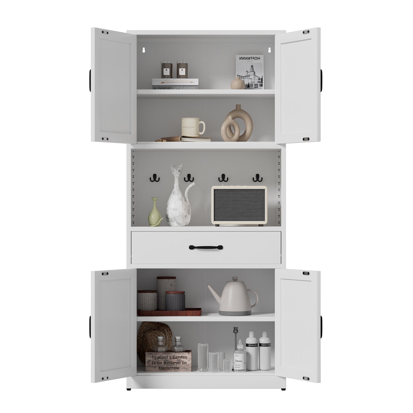 VIYET 71"H Heavy-Duty White Steel Pantry Cabinet,Large Countertop+Adjustable Shelves+Drawers+Hooks,Modern Storage for Kitchen/Bathroom/Living Room