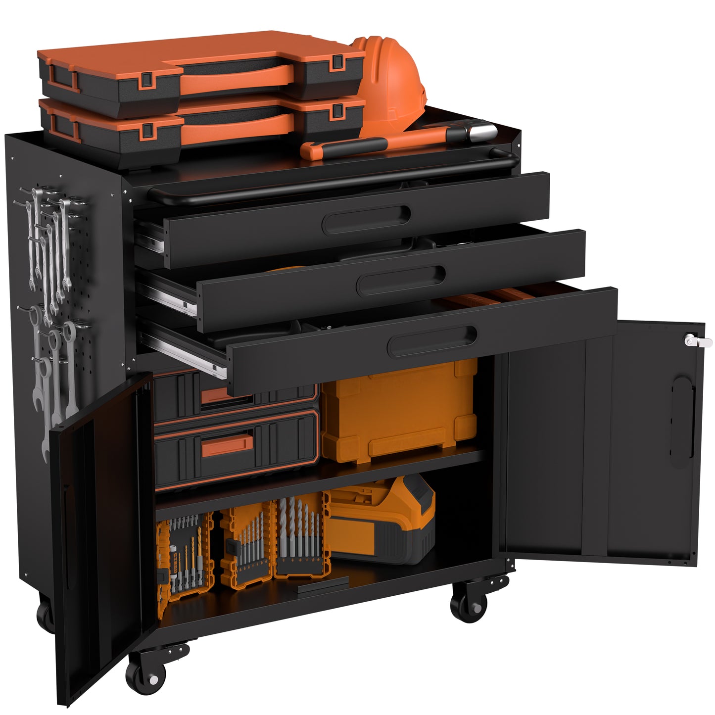 VIYET 34" Heavy-Duty Rolling Metal Tool Cabinet - 3-Drawer Garage Storage Organizer with Lockable Wheels, Black