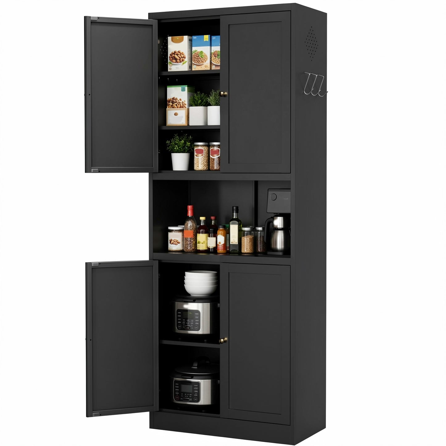 VIYET 72" Black Metal Kitchen Pantry Cabinet with Large Countertop, Adjustable Shelves & Hooks, Freestanding Coffee Bar Storage Cabinet