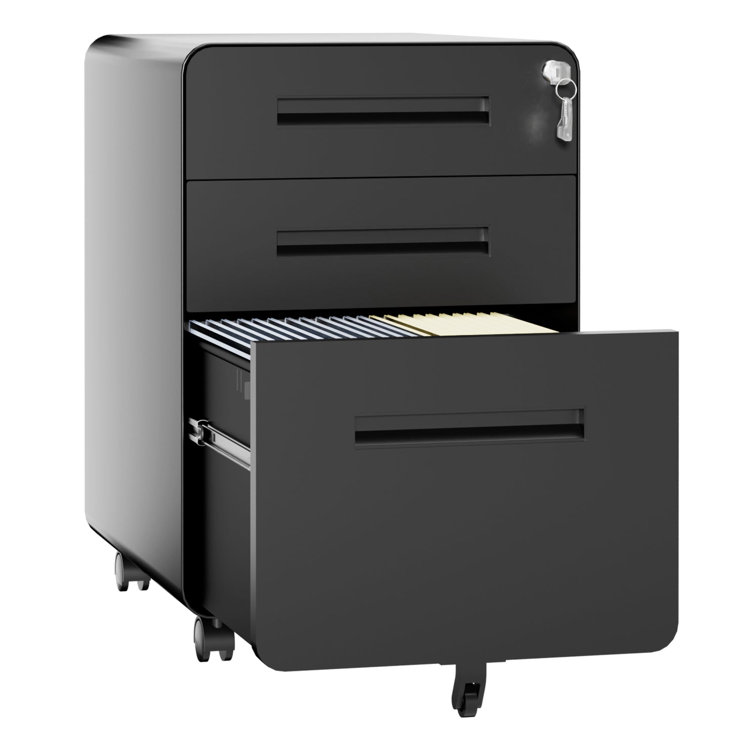 VIYET 3 Drawer Filing Cabinet with Lock, Black Rolling Metal Office Cabinet, Secure Document Storage Organizer for Letter & Legal Files