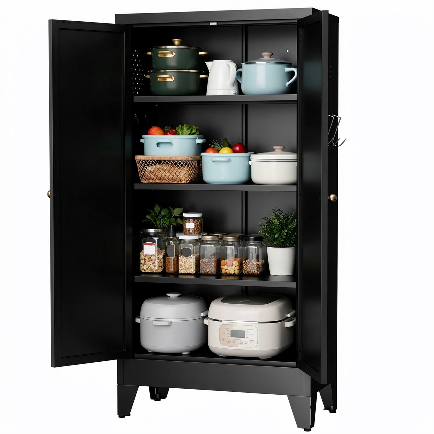 VIYET 47" Black Metal Pantry Cabinet with Adjustable Shelves, Freestanding Kitchen Storage Cabinet with Doors for Pantry, Bathroom & Living Room