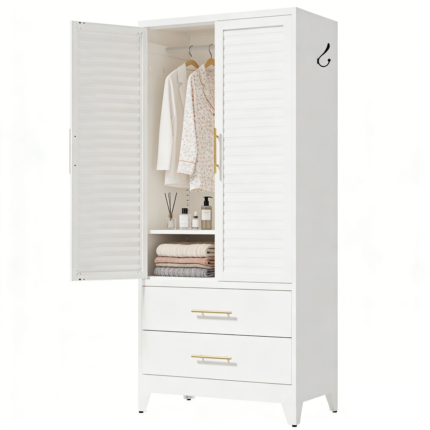 VIYET 71" Metal Wardrobe Closet with 2 Doors & 2 Drawers, Freestanding Steel Storage Cabinet with Hanging Rod & Adjustable Shelf