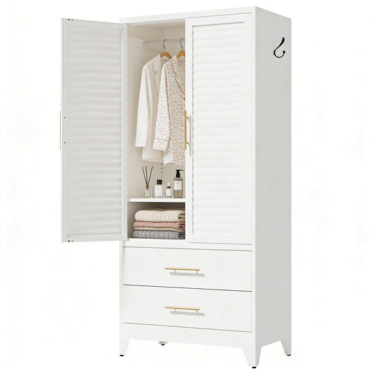 VIYET 71" Metal Wardrobe Closet with 2 Doors & 2 Drawers, Freestanding Steel Storage Cabinet with Hanging Rod & Adjustable Shelf