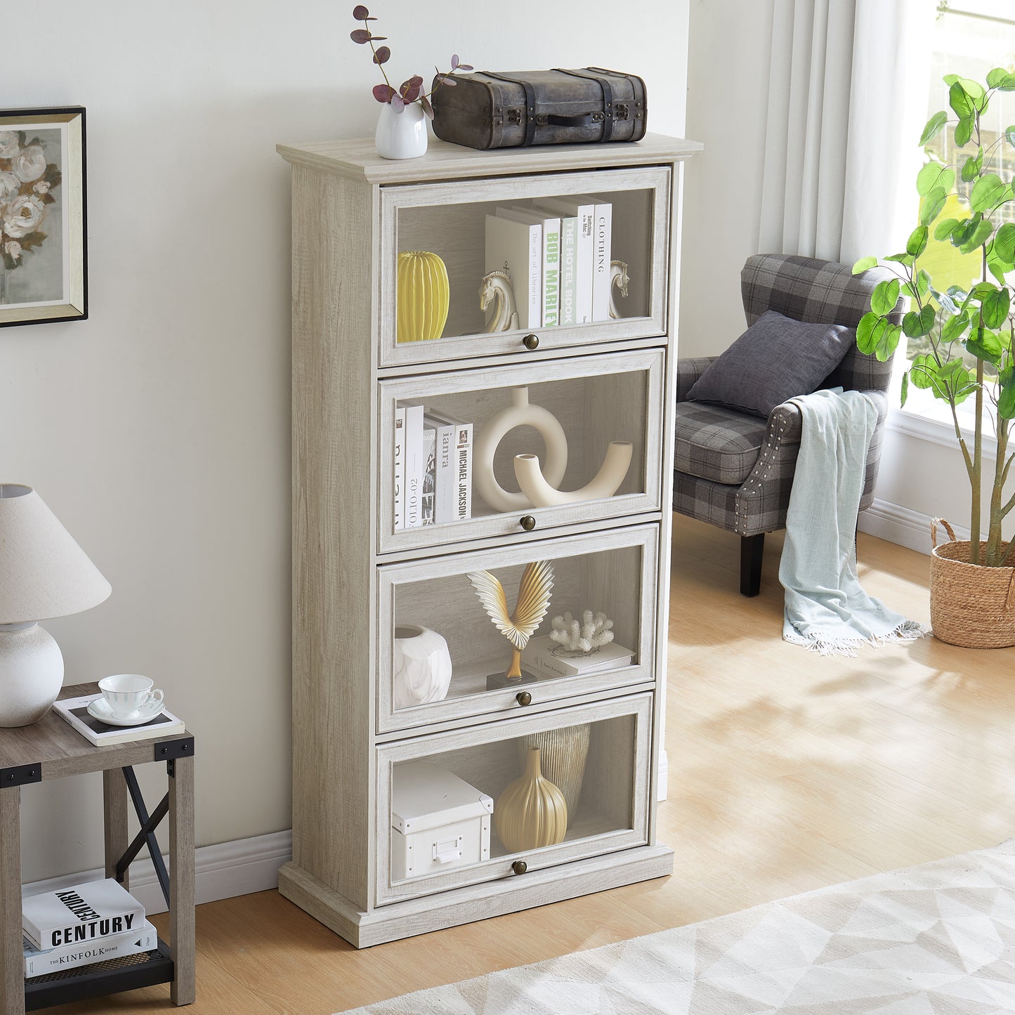 VIYET 63" 4-Tier Glass Display Cabinet, White MDF+Tempered Glass Curio Cabinet (Flip-up Doors for Collectibles/Toys/Books)
