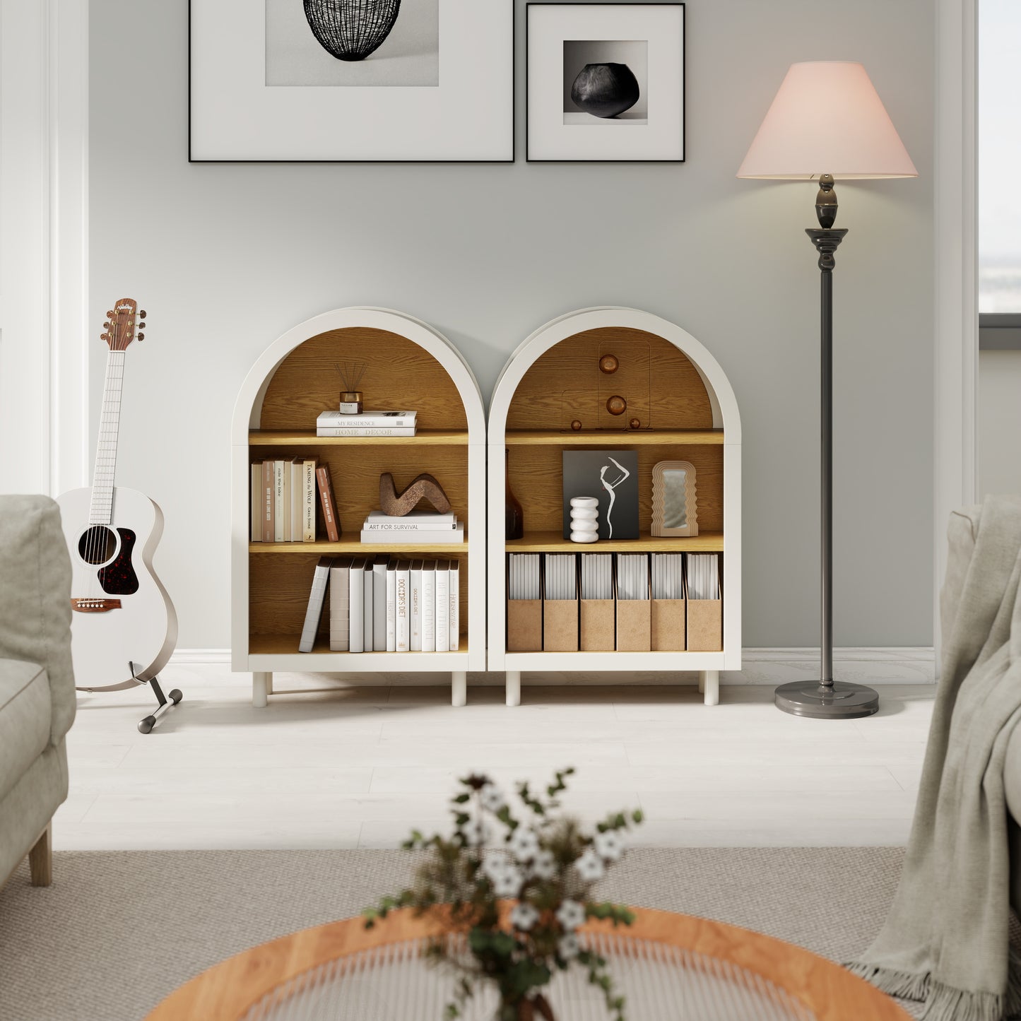 VIYET 3-Tier Arched Top Small Bookcase, White & Oak Woodgrain Modern Storage Cabinet, Engineered Wood Open Shelf for Living Room Bedroom Entryway