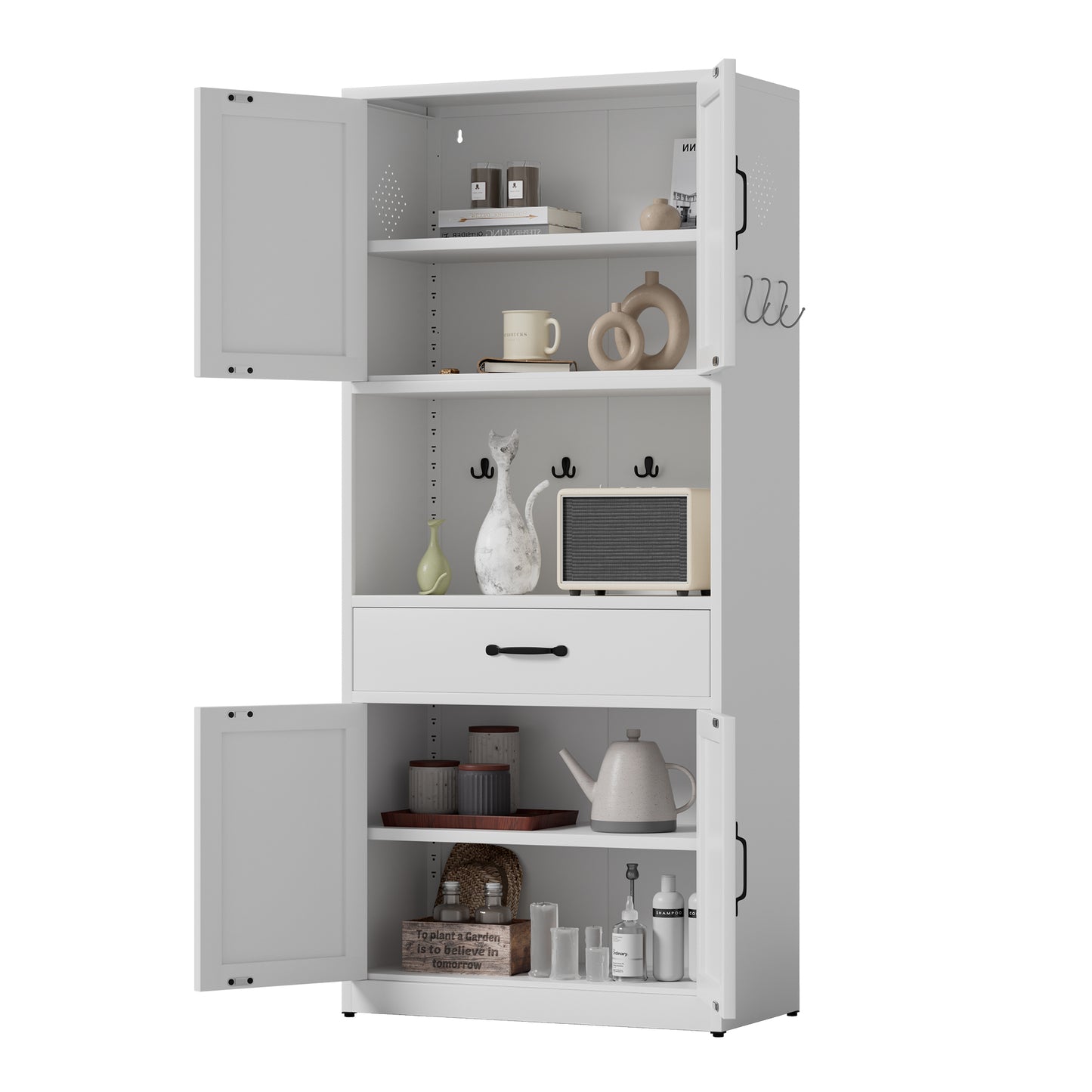 VIYET 71"H Heavy-Duty White Steel Pantry Cabinet,Large Countertop+Adjustable Shelves+Drawers+Hooks,Modern Storage for Kitchen/Bathroom/Living Room