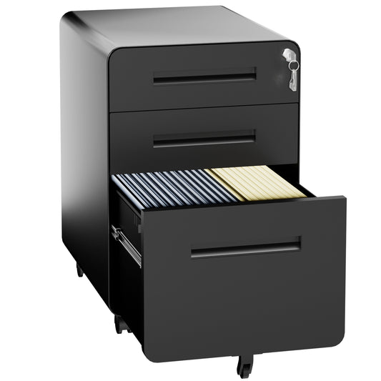 VIYET 3 Drawer Filing Cabinet with Lock, Black Rolling Metal Office Cabinet, Secure Document Storage Organizer