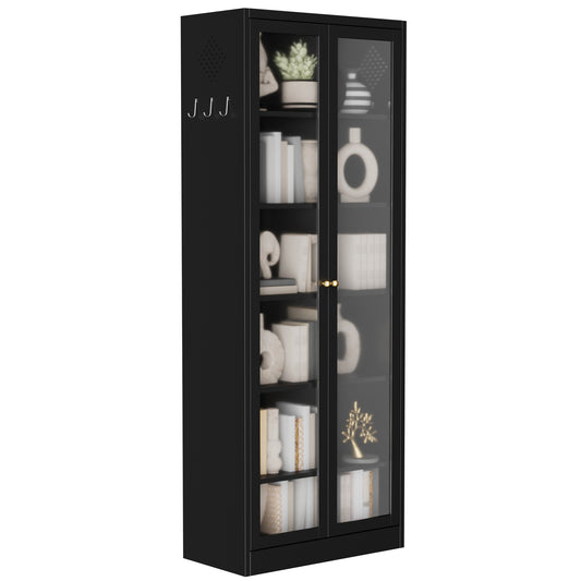 VIYET Metal Pantry Cabinet, 72" Tall Kitchen Storage Cabinet with Glass Doors and 5 Adjustable Shelves, Freestanding Steel Utility Cabinet for Kitchen, Bathroom, Pantry, Black