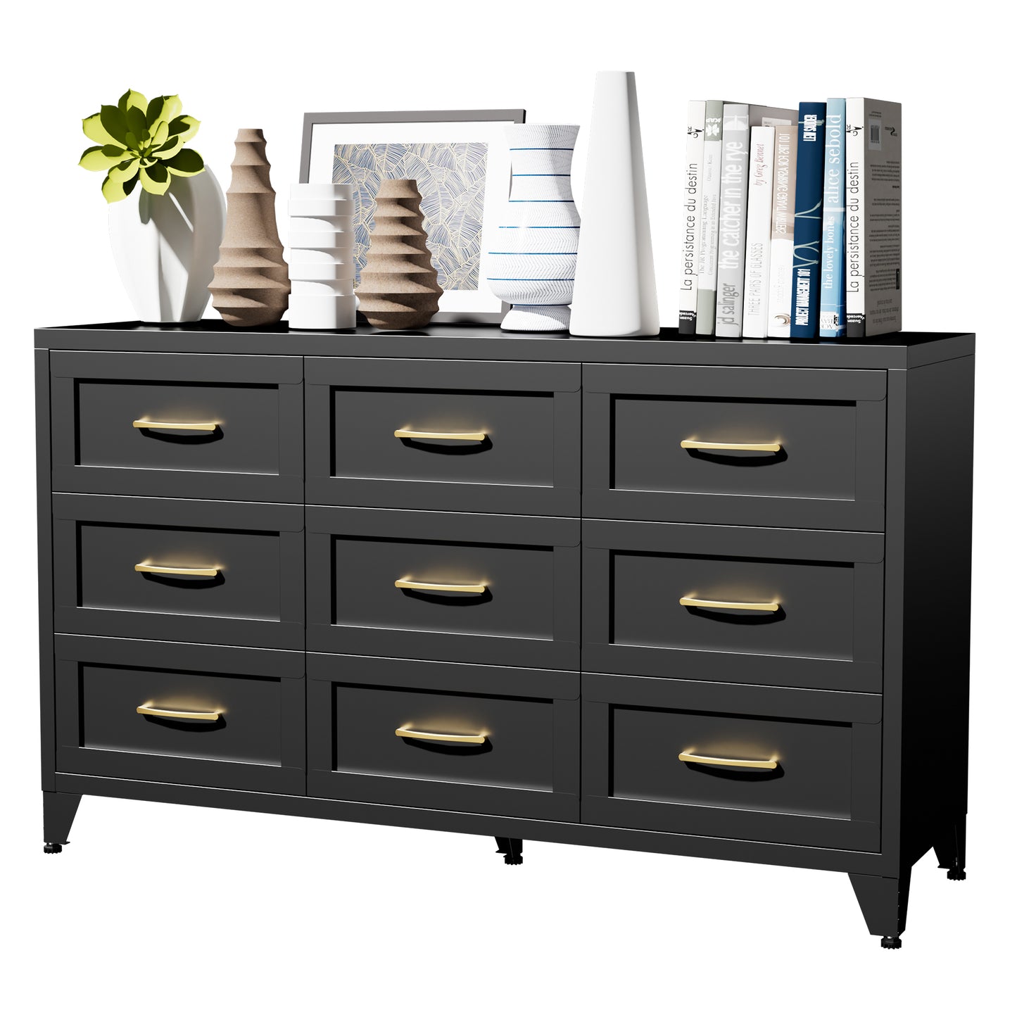 VIYET 9-Drawer Black Dresser for Bedroom, 52" Wide Low-Profile Chest of Drawers with Smooth-Glide Storage