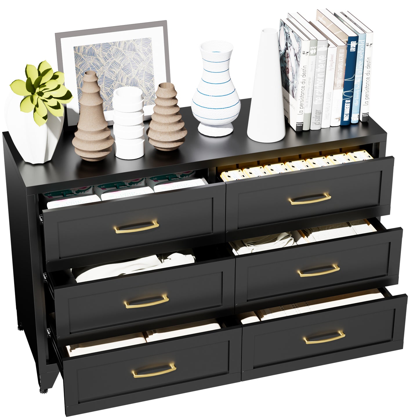 VIYET 6-Drawer Black Dresser for Bedroom, Low-Profile Chest of Drawers with Smooth-Glide Storage