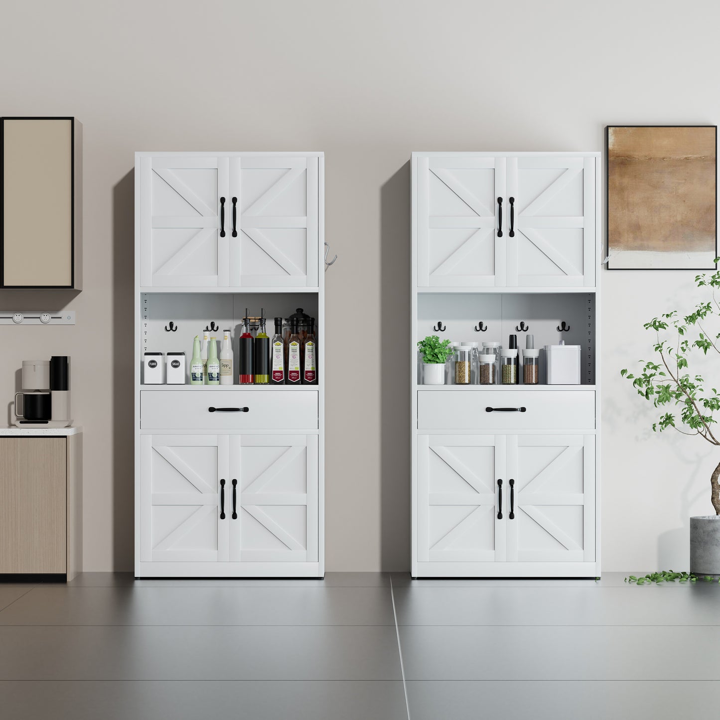 VIYET 71"H Heavy-Duty White Steel Pantry Cabinet,Large Countertop+Adjustable Shelves+Drawers+Hooks,Modern Storage for Kitchen/Bathroom/Living Room