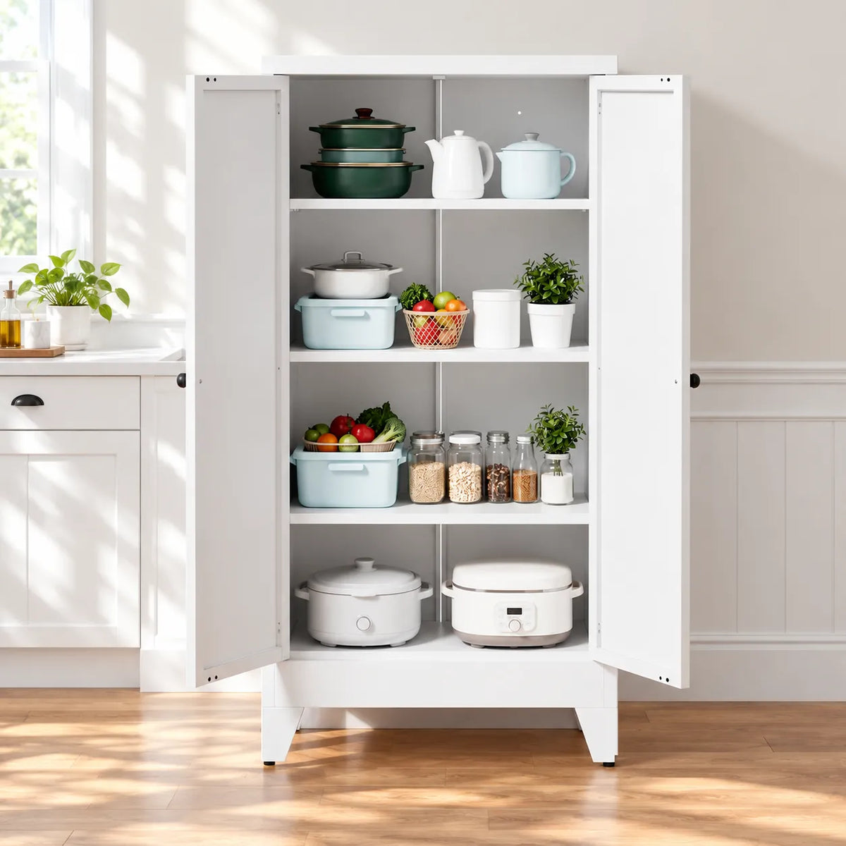 VIYET 47" Metal Pantry Cabinet, Freestanding Kitchen Storage Cabinet with 3 Adjustable Shelves, Slim Organizer for Pantry & Living Room