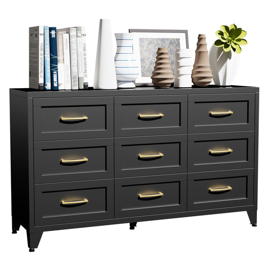 VIYET 9-Drawer Black Dresser for Bedroom, 52" Wide Low-Profile Chest of Drawers with Smooth-Glide Storage