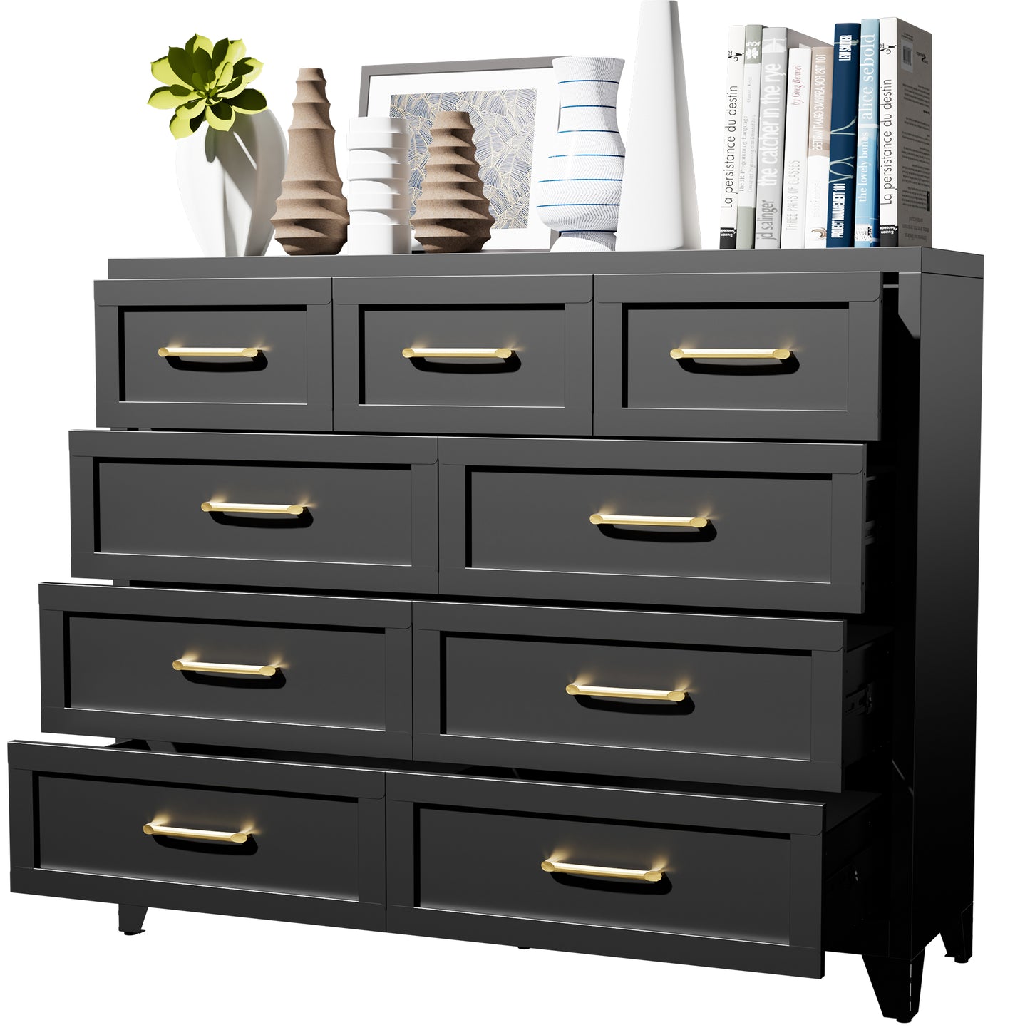 VIYET 9-Drawer Black Dresser for Bedroom, Tall Wide Chest of Drawers with Smooth-Glide Storage