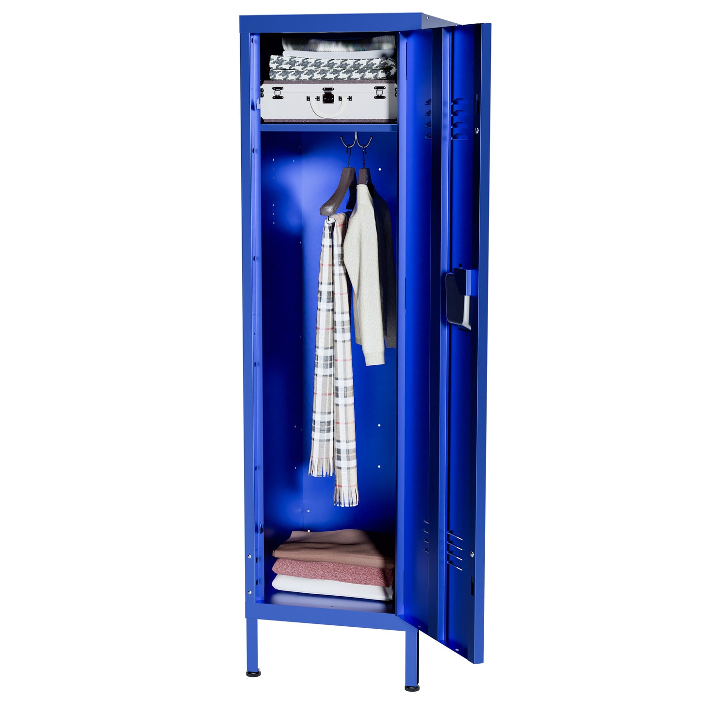 VIYET 55" Blue Metal Wardrobe Cabinet, Slim Steel Clothing Storage Locker with Lock, Ventilated Door, Side Hooks & Anti-Tip Design for Bedroom & Home Office
