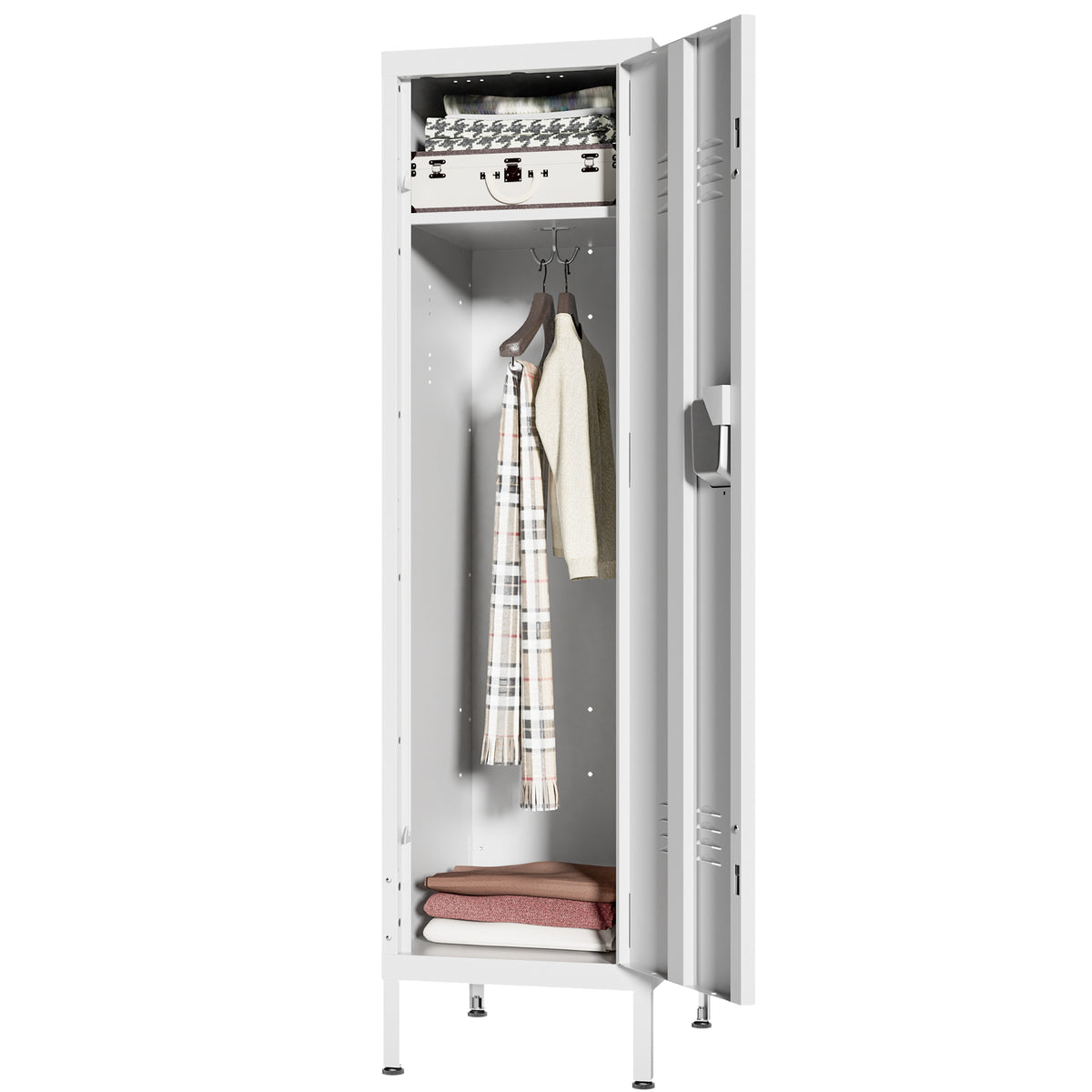 VIYET 55" White Metal Wardrobe Cabinet, Narrow Steel Clothing Storage with Lock & Ventilated Door, Side Hooks, Freestanding Closet for Bedroom & Small Apartment