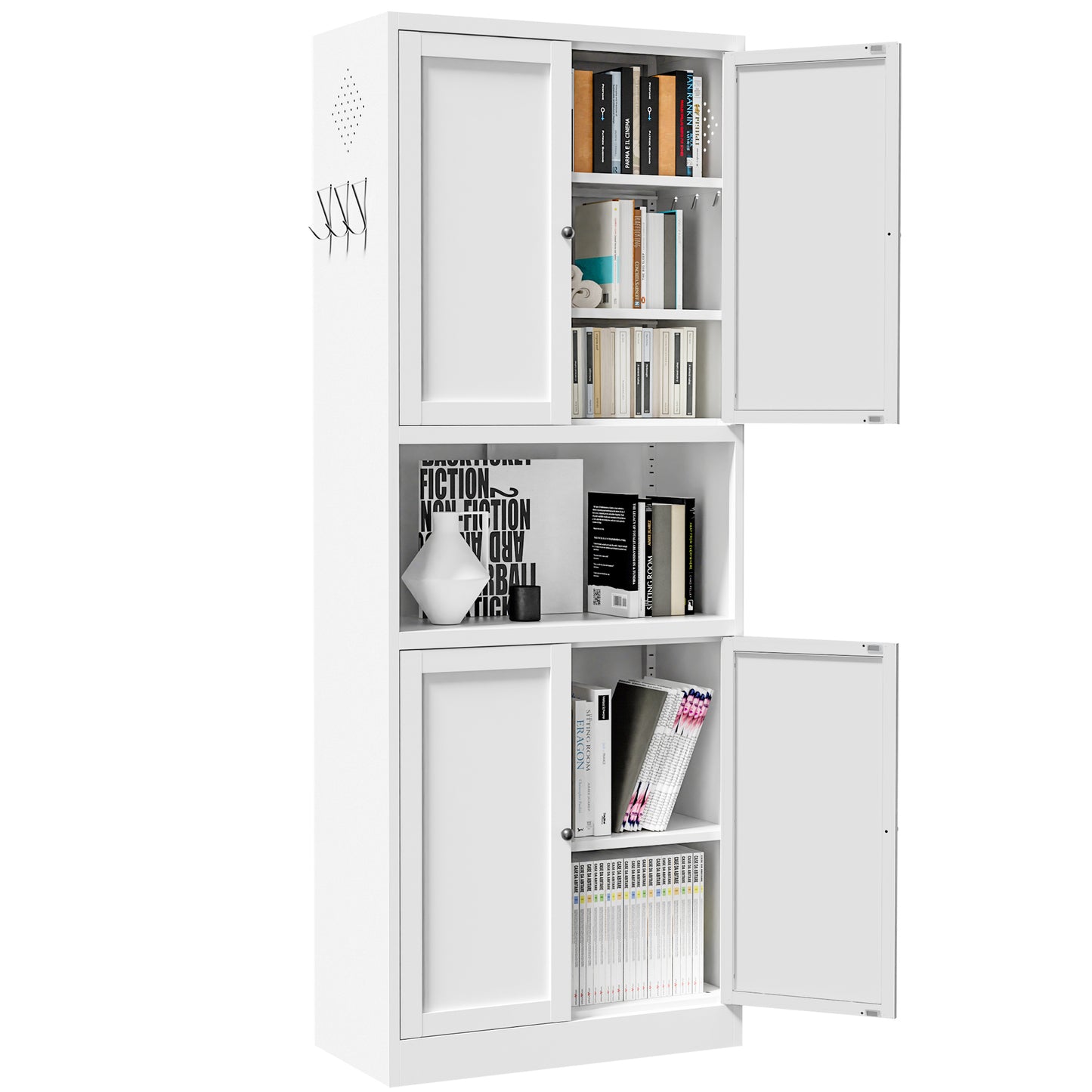 VIYET 72" Kitchen Pantry Cabinet with Large Countertop, Adjustable Shelves & Hooks, White Metal Coffee Bar Storage Cabinet for Kitchen & Dining Room