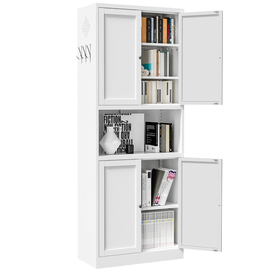 VIYET 72" Kitchen Pantry Cabinet with Large Countertop, Adjustable Shelves & Hooks, White Metal Coffee Bar Storage Cabinet for Kitchen & Dining Room