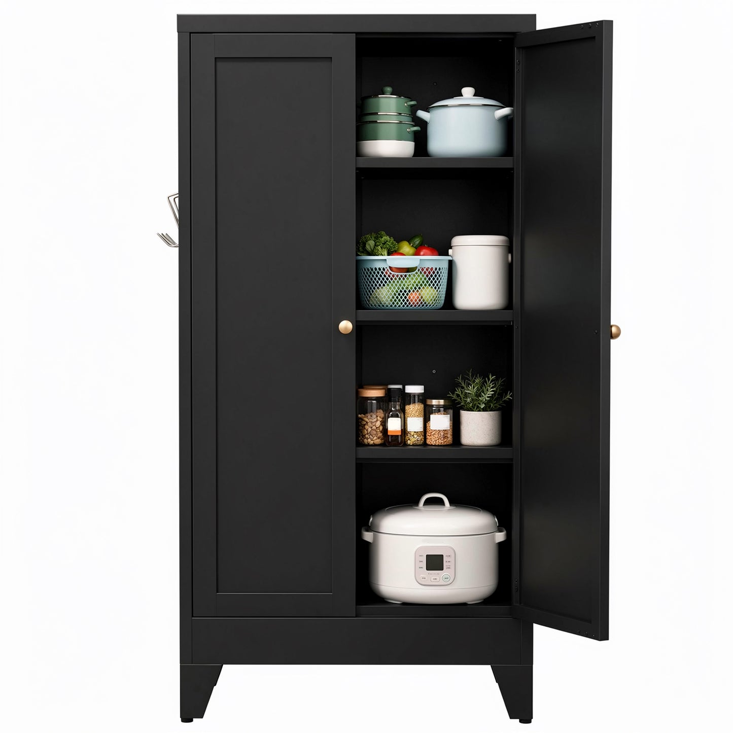 VIYET 47" Black Metal Pantry Cabinet with Adjustable Shelves, Freestanding Kitchen Storage Cabinet with Doors for Pantry, Bathroom & Living Room