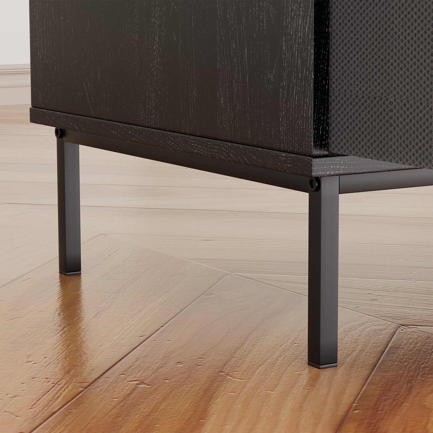 VIYET 35" Eco-Friendly Record Player Stand with Flip-Top, Black MDF+Metal Media Console w/ 2-Outlet Power Strip & Dustproof Storage